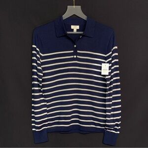 J CREW Striped Merino Wool Blend Collared Fine Knit Sweater SMALL Navy Blue NWT